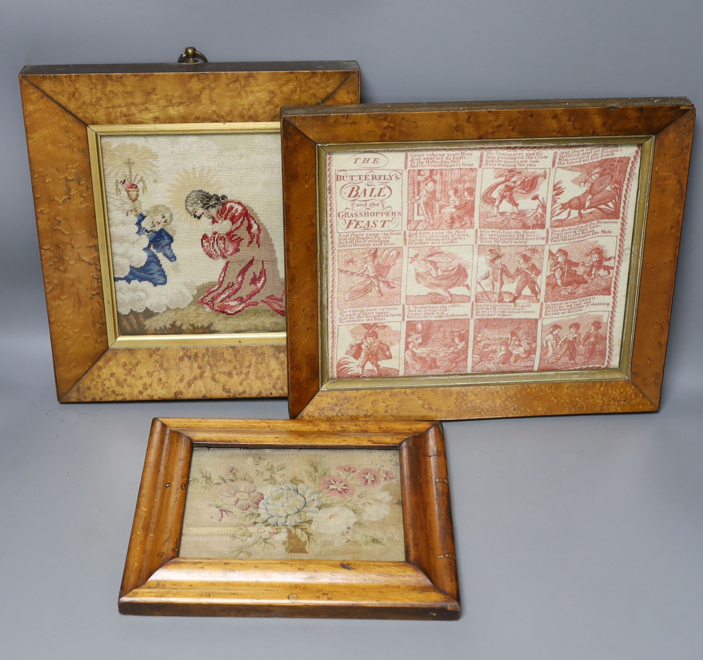 A Victorian 'The Butterfly's Ball and the Grasshopper's Feast' printed handkerchief and two needlepoints, all in maple frames.
